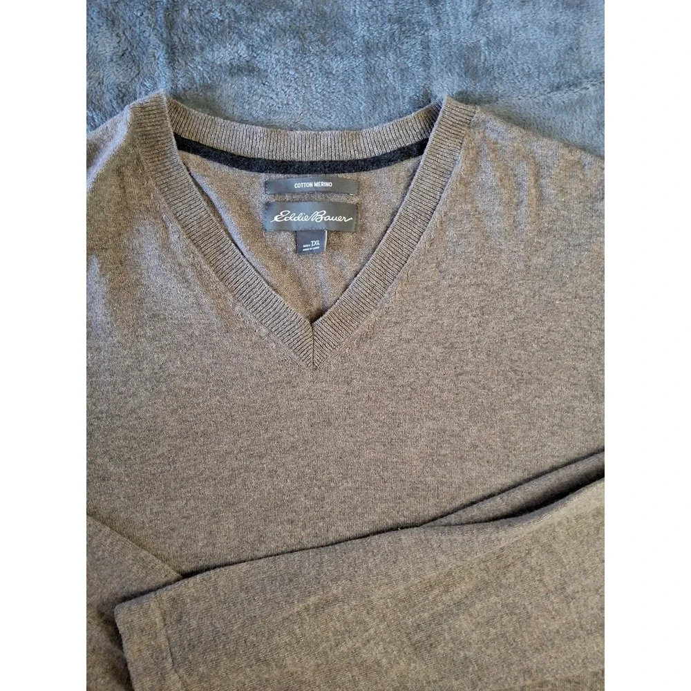 Eddie Bauer Mens TXL‎ V-Neck Sweater Cotton Merino Wool Blend Heather Tan Brown